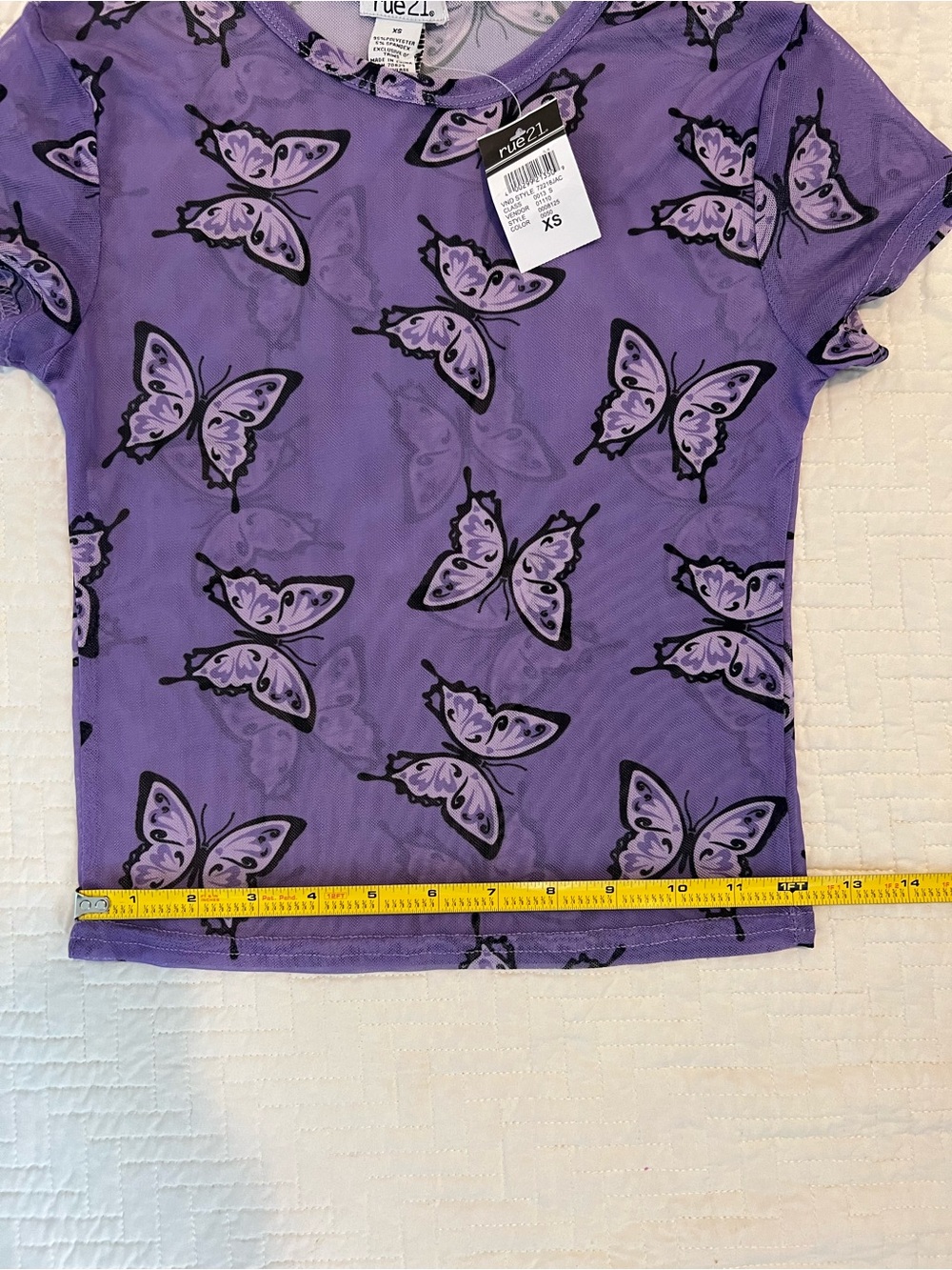 VTG Y2K Purple Butterfly Print Sheer Mesh Crop Top Baby Tee XS Festival Fairy - Picture 6 of 8